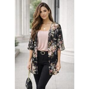 Women’s XL Sheer Floral Kimono Duster Black Pink Open Front Lightweight NWOT